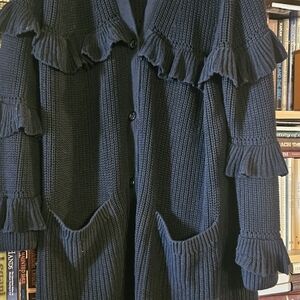 Michael Kors Black  Ruffle Knit Knee Length  Cardigan